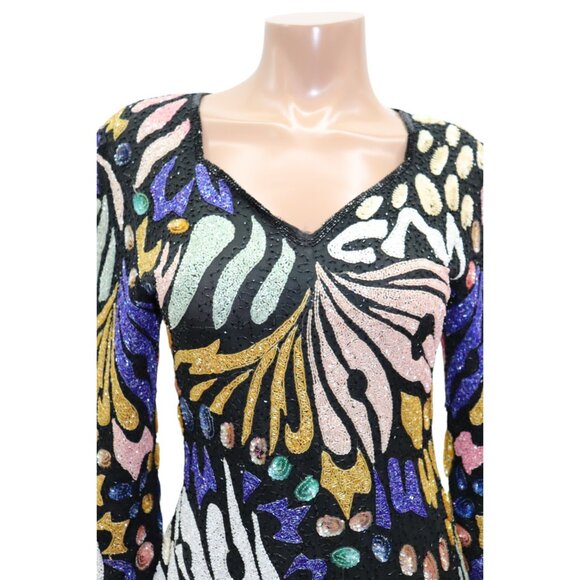 EXTRAORDINARY Vintage ART DECO Sequin Abstract Mini PARTY Dress Long Sleeve S - Picture 10 of 12